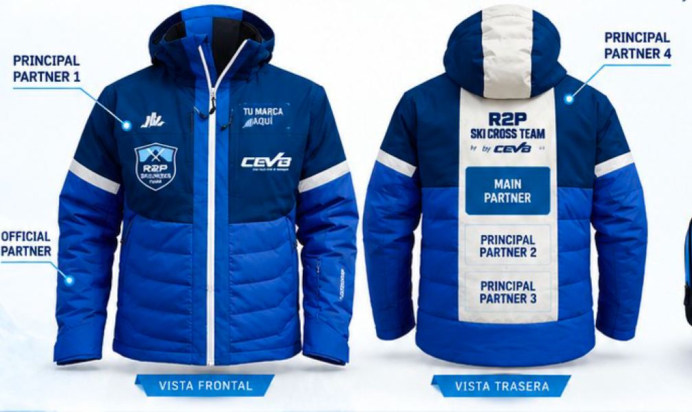 Maqueta de la chaqueta del equipo, de frente y de espaldas, con los espacios para Main Partner, Principal Partners y Official Partner.