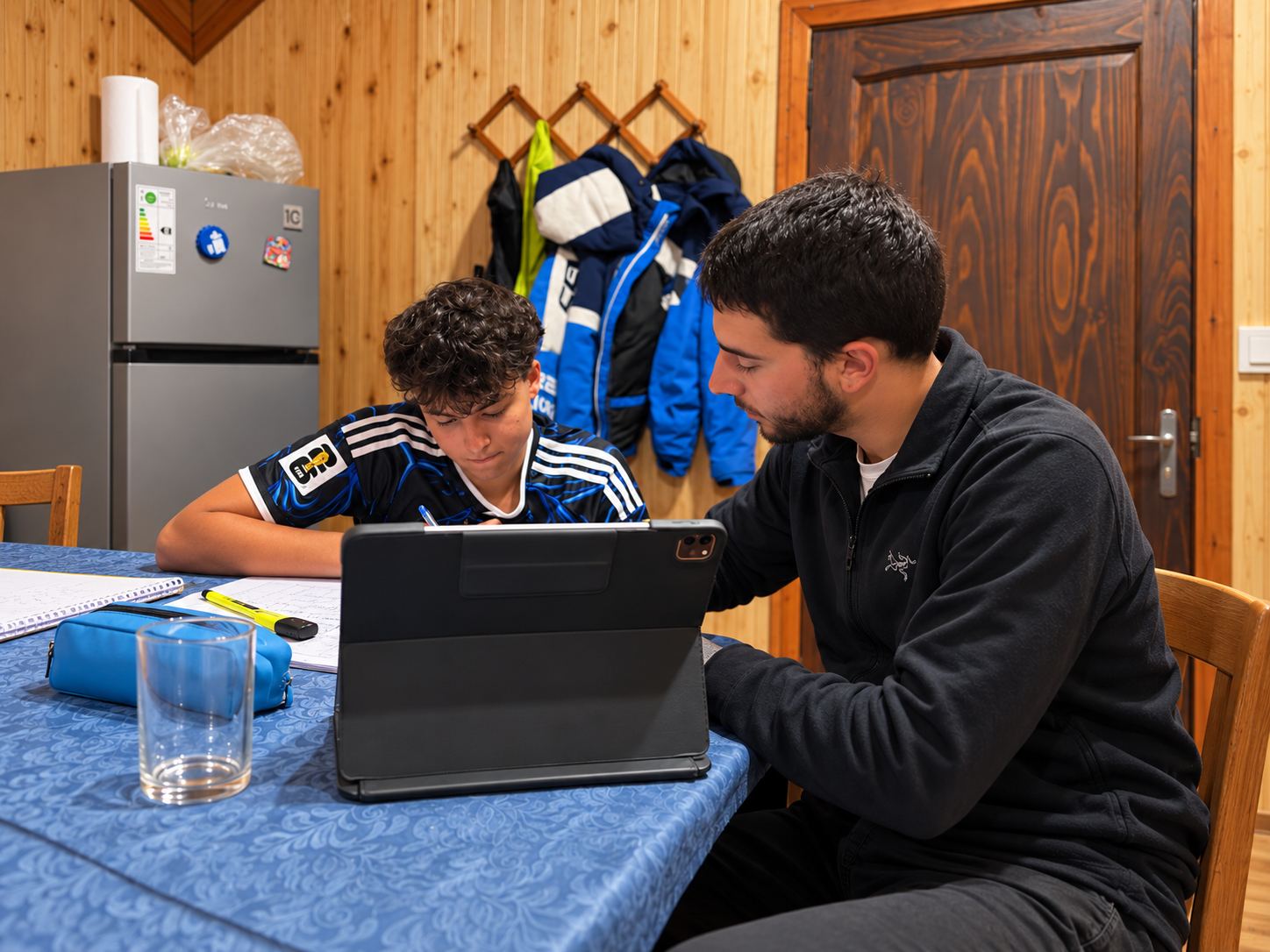 Un deportista hace las tareas del colegio con la ayuda de un miembro del equipo.
